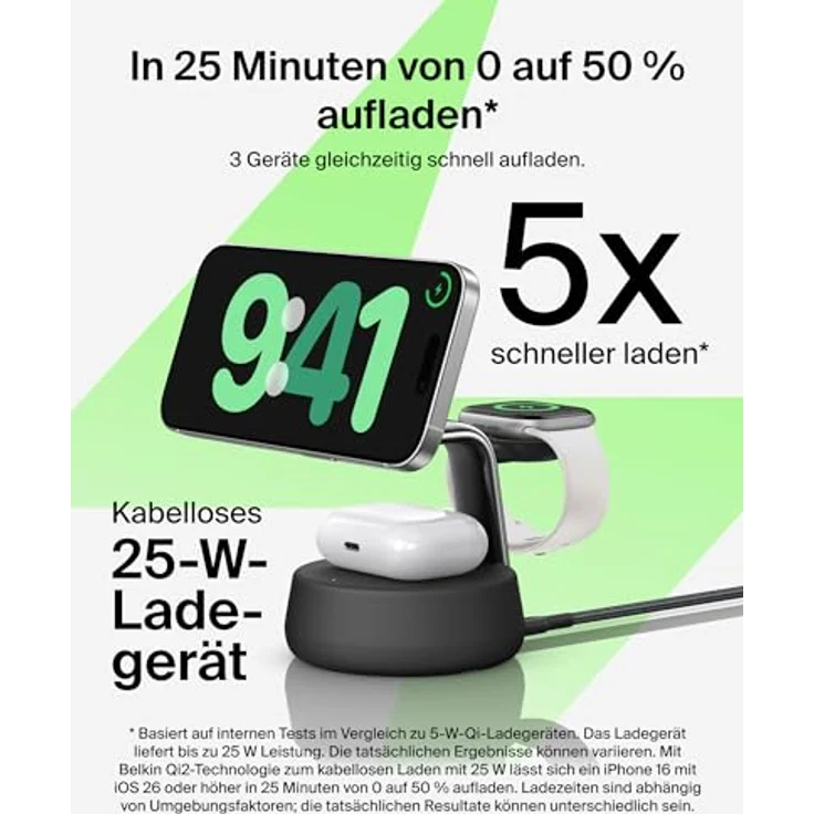 Belkin UltraCharge Pro Qi2 Induktive Ladestation, 25W, 3 in 1 Ladegerät für iPhone 16, Apple Watch, AirPods, mit ChillBoost Kühltechnik und 45-W-Adapter – Schwarz – Bild 2