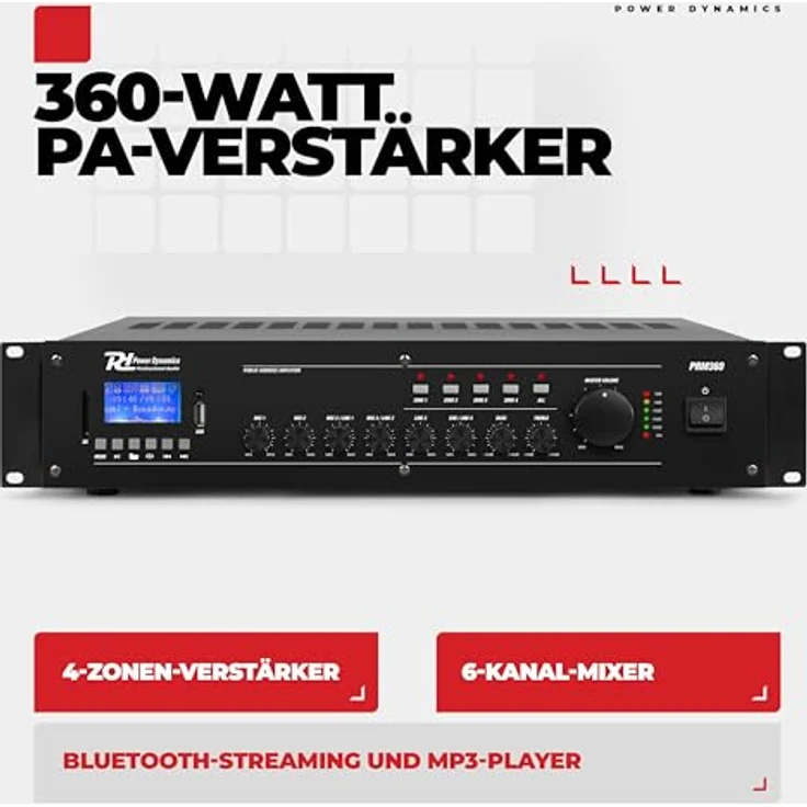 Power Dynamics PRM360 PA Endstufe, 360 Watt Verstärker mit Bluetooth, MP3-Player, USB, SD, 2X Mic, 100 Volt System – Bild 2