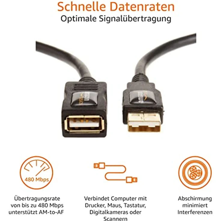 AmazonBasics 7GV4 USB 2.0 A-Stecker auf A-Buchse Verlängerungskabel (1 m), Schwarz – Bild 3