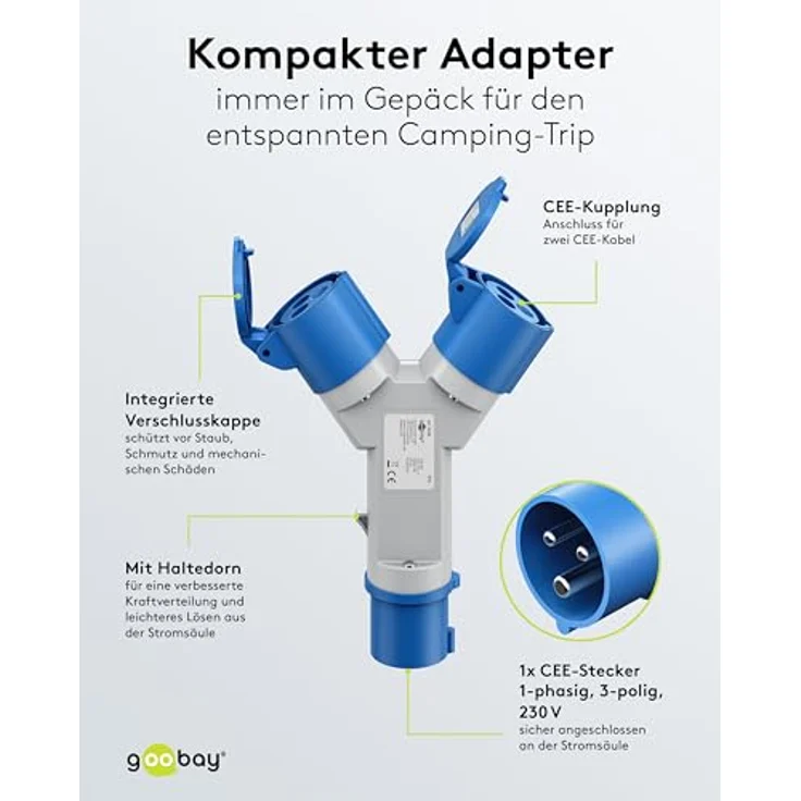 goobay CEE-Adapter 76236, CEE-Stecker auf 2 x CEE-Buchse, tragbar, wasserdicht IP44, mit Schutzabdeckung, für Wohnmobile und Wohnwagen – Bild 5