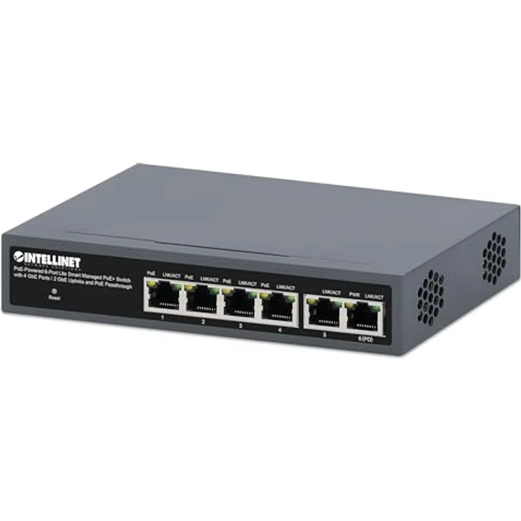 Intellinet PoE Powered 6 Port Managed Gigabit Ethernet Switch mit PoE Passthrough – 2 GB Uplink-Ports, 60 W Power Budget über AC Power oder POE PD, 30 W pro Port, Smart Management, 3 Jahre Mfg – Bild 1