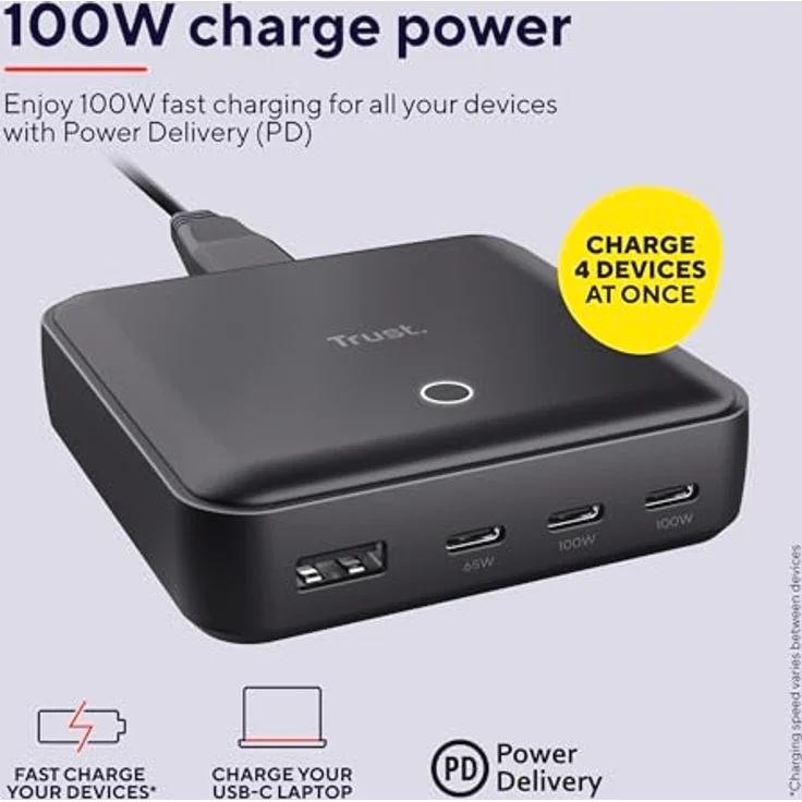 Trust Maxo 100W 4 Port USB C Ladegerät, Schnellladegerät für Büro Mobile iPhone iPad Tablet Laptop, nachhaltiges Design, 1,5 m Netzkabel – Bild 5