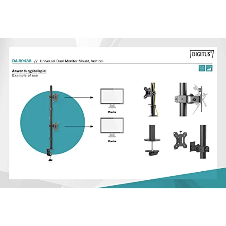 Digitus Monitor-Halterung Universal Dual Monitorhalter, Vertikal für 2 Monitore bis 32 Zoll, schwenkbar und neigbar, Tischklemme und Durchführungs-Stange inklusive – Bild 4