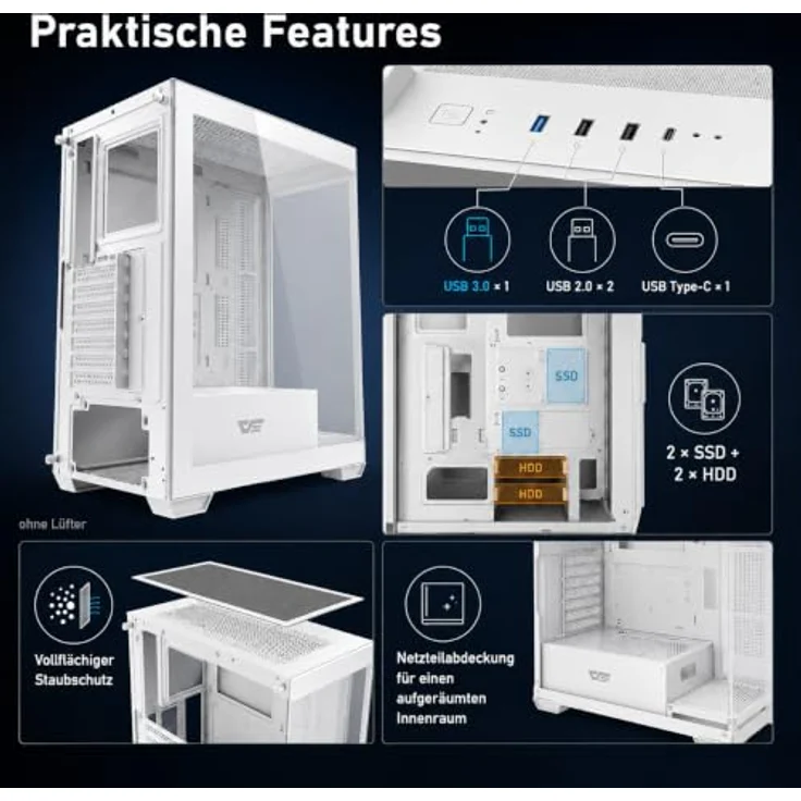 Darkflash Tech DS900 Midi Tower Gehäuse, Weiss, mit doppelt transparenten Glaswänden, Platz für 10 Lüfter und USB Typ C Anschluss – Bild 5