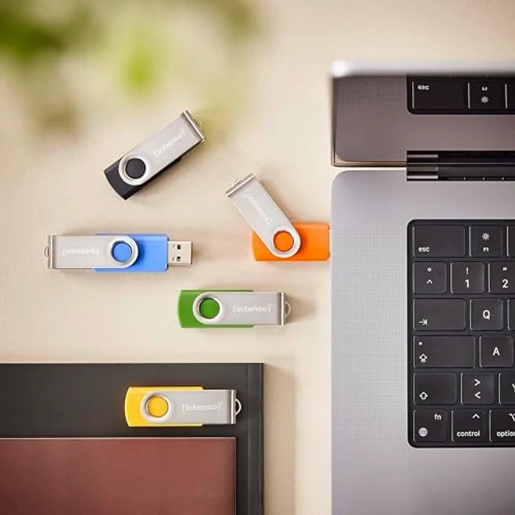Intenso Basic Line 5X 32 GB USB-Sticks USB 2.0 mit Beschriftungsetiketten, 5er Pack, Gelb, Grün, Schwarz, Blau + Orange, silberner Metallbügel – Bild 4