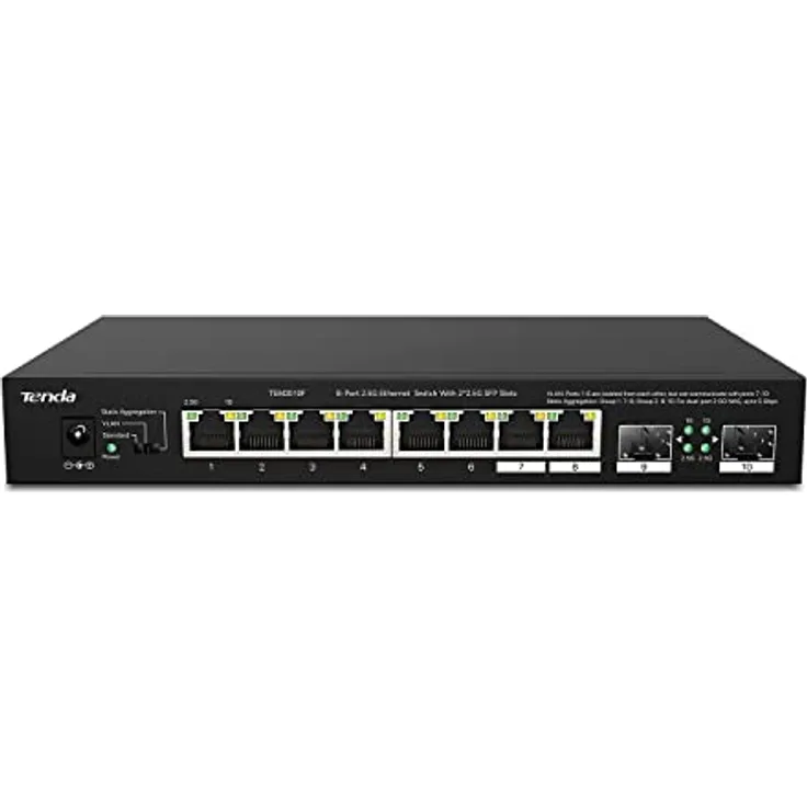 Tenda Switch 8 Port 2.5 Gigabit LAN Switch mit 2 SFP-Ports (VLAN, Statische Aggregation, Unmanaged, Plug-and-Play, Metallgehäuse) (TEM2010F) in Schwarz