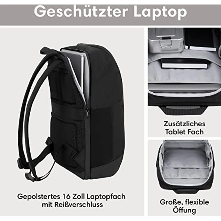LARKSON Laptop Rucksack Herren & Damen Schwarz - Niklas - Notebook Backpack für Business Arbeit Uni - 16 Zoll Laptoprucksack für Reise Handgepäck - Wasserabweisend – Bild 3