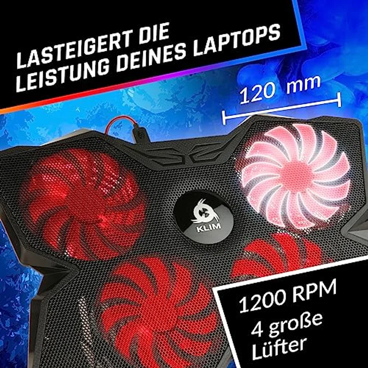 KLIM Wind Laptop Kühler - Cooling Pad mit 4 Lüftern, USB Powered, stabil und leise, kompatibel mit 15-17 Zoll Laptops, rot – Bild 3