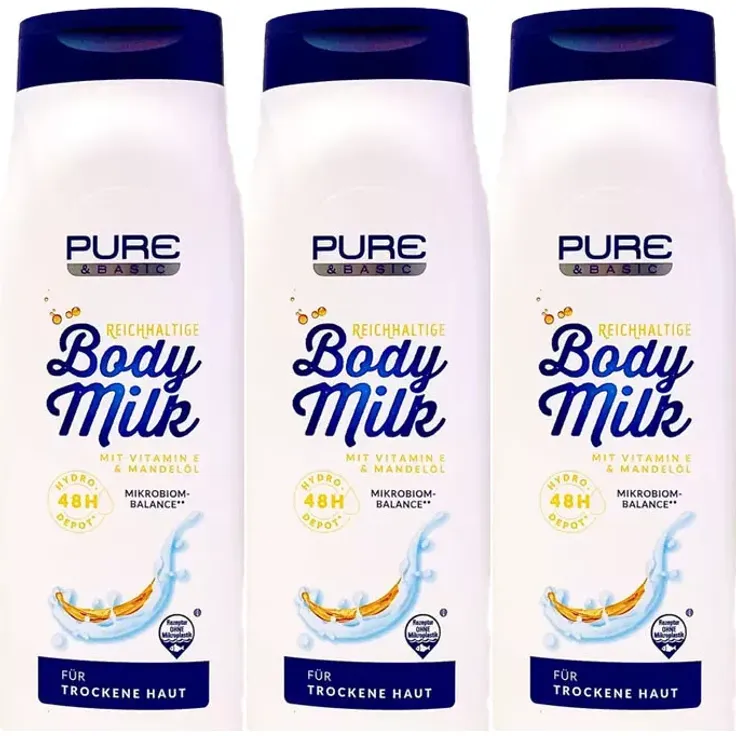 3x500ml Pure&Basic Reichhaltige Body Milk Hydro Depot Trockene Haut + Band
