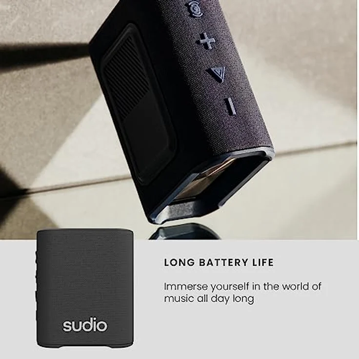 Sudio S2 Schwarz, Bluetooth-Lautsprecher mit lautem Klang und tiefen Bässen Lange Spielzeit IPx5 Wasserdichtes Bluetooth 5.3 TWS Pairing Tragbarer drahtloser Kompaktlautsprecher für Zuhause, draußen – Bild 2