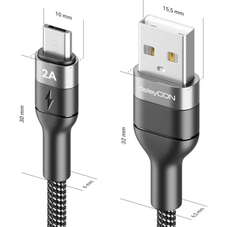 deleyCON 0,5m Micro USB Kabel, Kurz Ladekabel USB-A auf Micro-USB, 5V/2A für schnelles Laden, geflochtenes Nylonkabel mit Knickschutz, kompatibel mit Handy, Smartphone, Tablet und Kamera – Bild 2