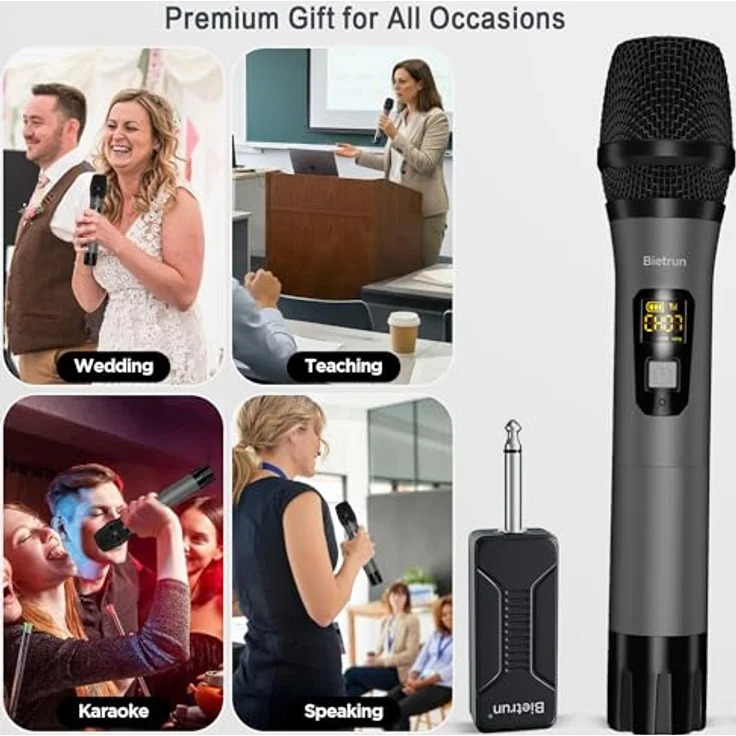 Bietrun Kabelloses UHF-Handmikrofon mit wiederaufladbarem Empfänger, dynamisches Metallmikrofon, 160 Fuß Reichweite, 4 Stunden Akkulaufzeit, für Karaoke-Maschine – Bild 4