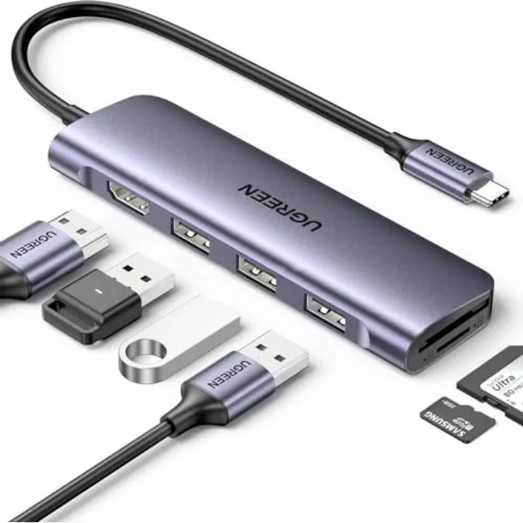 UGREEN 6-in-1 USB-C Adapter Hub, HDMI 4K, 3x USB-A 3.0, SD/TF Kartenleser, Silber 20956A