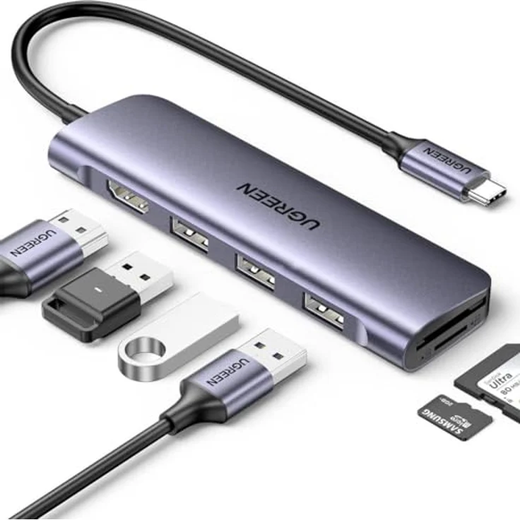 UGREEN 6-in-1 USB-C Adapter Hub, HDMI 4K, 3x USB-A 3.0, SD/TF Kartenleser, Silber 20956A – Bild 1
