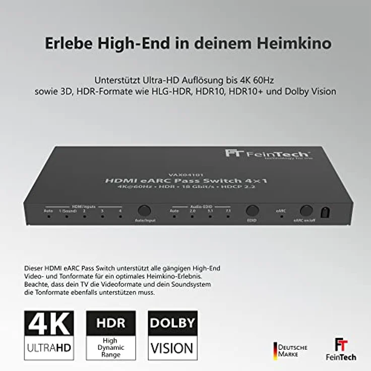 FeinTech VAX04101A HDMI eARC Pass Switch 4x1, für 3 HDMI-Quellen, Soundbar und TV Beamer 4K HDR Dolby Atmos – Bild 5