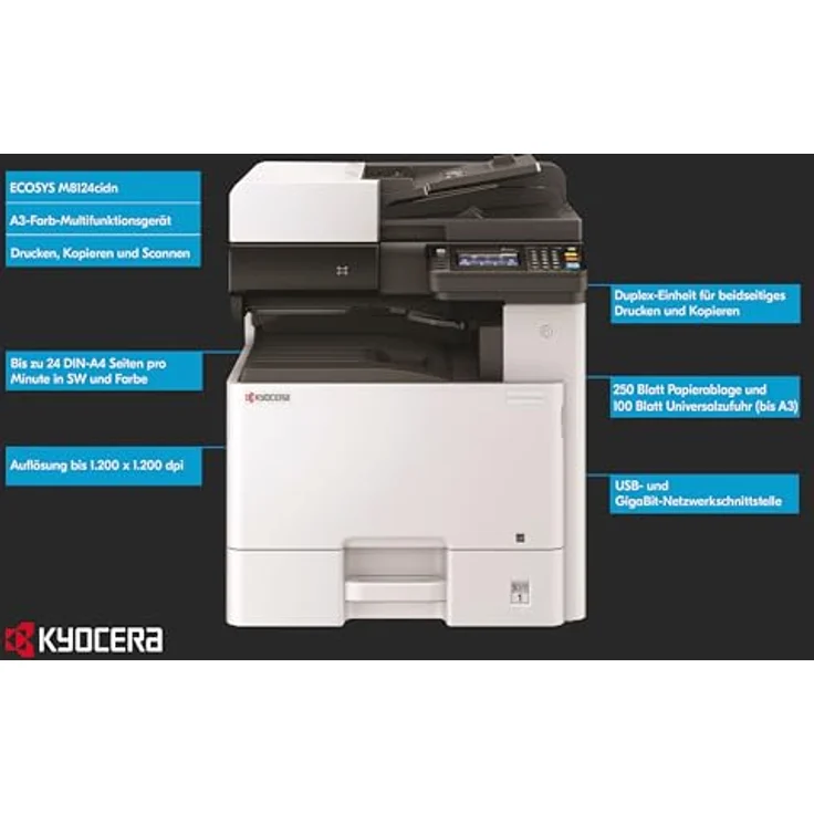 Kyocera Ecosys M8124cidn/Plus Farblaserdrucker Multifunktionsgerät: Drucker Scanner Kopierer, 24 Seiten pro Minute. Inkl. Mobile-Print, Din A3 Drucker inkl. 3 Jahre Full Service Vor-Ort – Bild 2