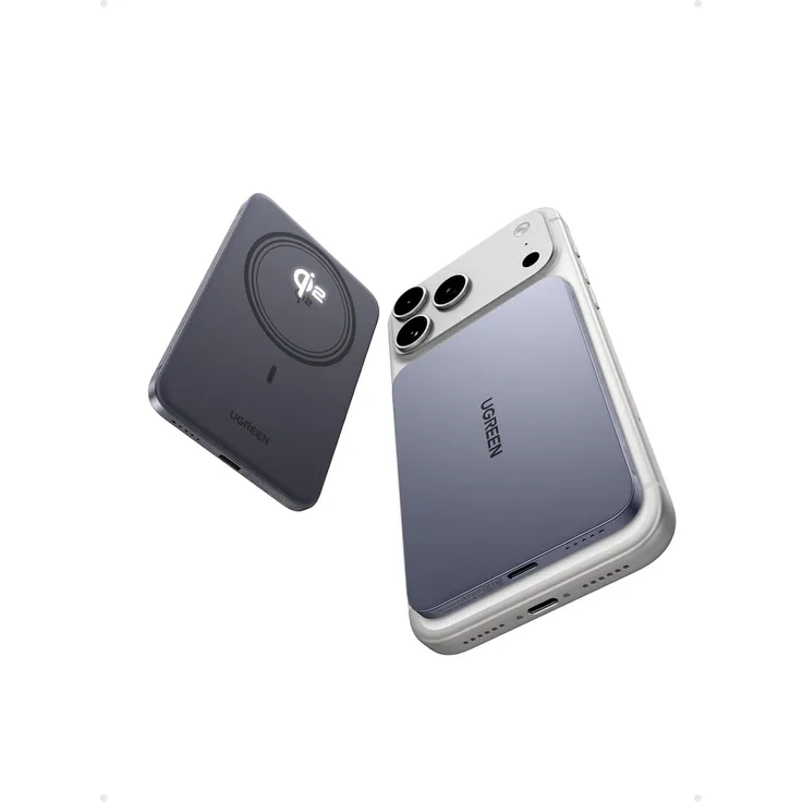 UGREEN MagFlow Air Ultra Slim Powerbank 5000 mAh, Qi2 15 W, MagSafe-kompatibel, USB-C 20 W, Grau
