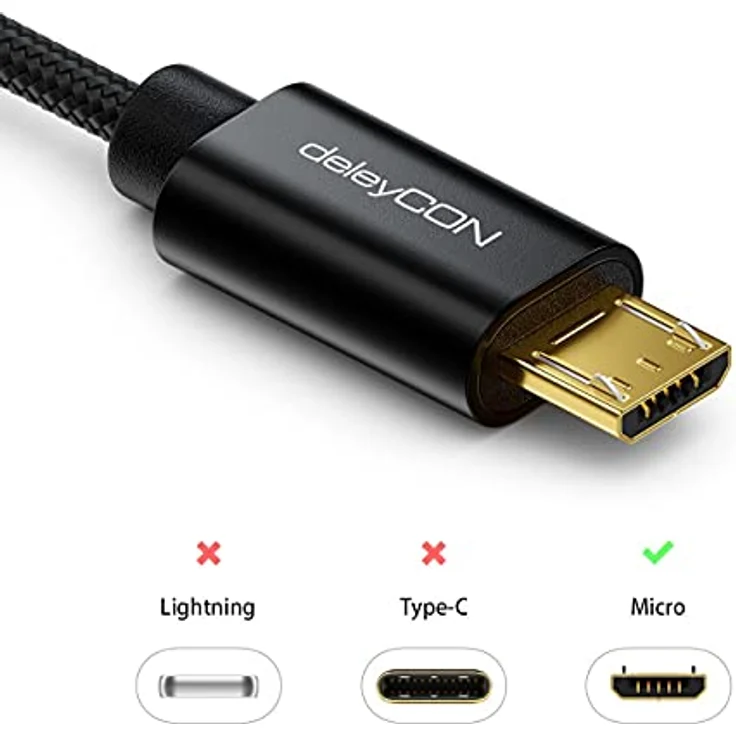 deleyCON 0,15m Micro USB Kabel Nylon, USB 2.0 Datenkabel, Schwarz, 480 Mbit/s Übertragungsrate – Bild 5