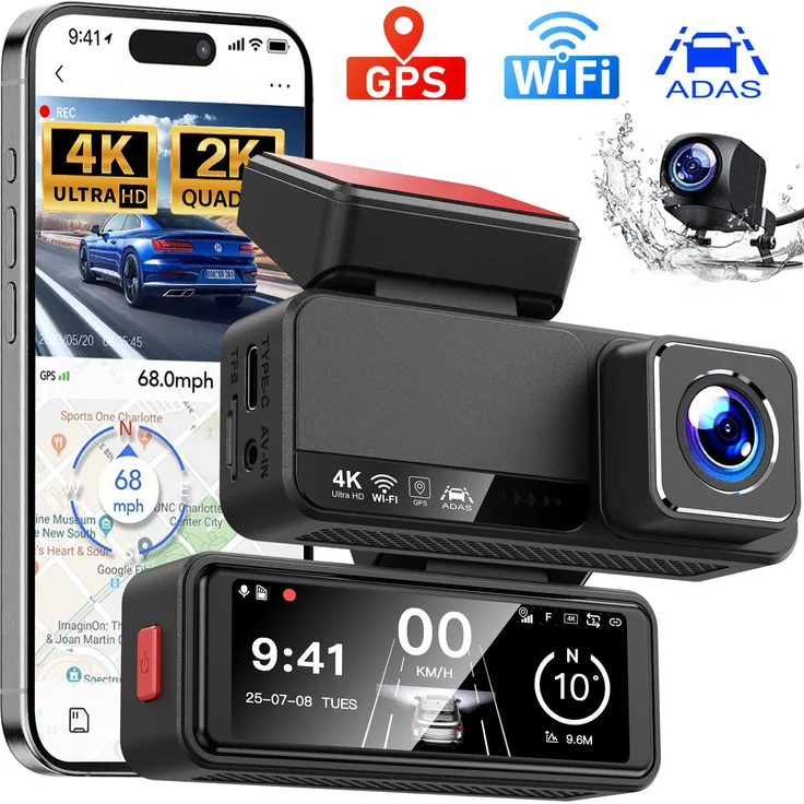 Sross ADAS Dashcam Auto, 2-Kanal 4K+1080P Autokamera mit GPS, 3.2 Zoll Bildschirm, WLAN, Zeitrafermodus, App-Steuerung, 140° Ultraweitwinkel