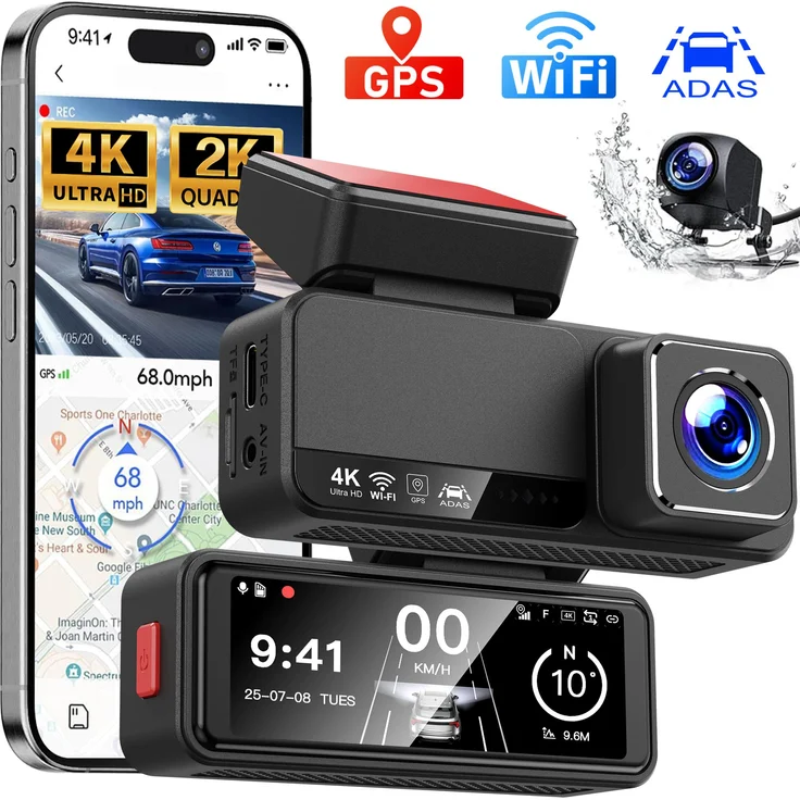 Sross ADAS Dashcam Auto, 2-Kanal 4K+1080P Autokamera mit GPS, 3.2 Zoll Bildschirm, WLAN, Zeitrafermodus, App-Steuerung, 140° Ultraweitwinkel