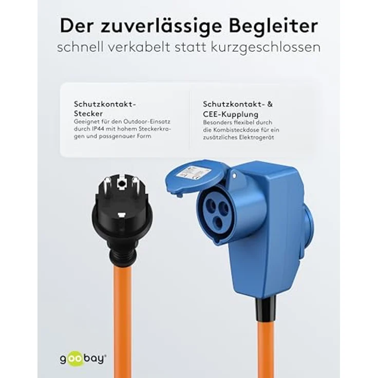 Goobay Camping Adapterleitung 1,5 m, orange, Schukostecker, IP44, öl- und UV-beständig, 2 CEE-Buchsen – Bild 7