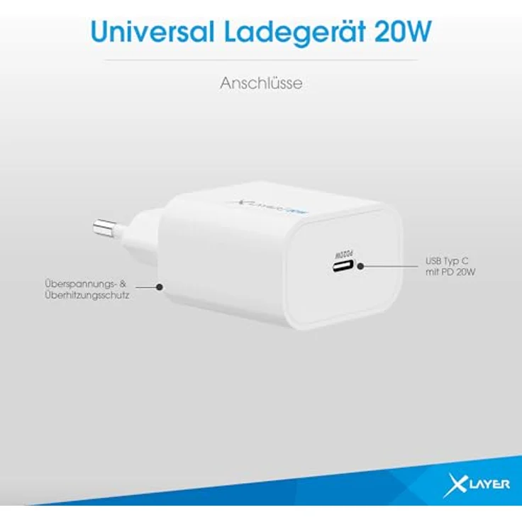 XLayer USB C Ladegerät 20W Netzteil, Schnellladeadapter für iPhone 16/15/14/13/12/11 Pro Max, SE, XS, XR und Samsung Galaxy, kompakt und sicher – Bild 4