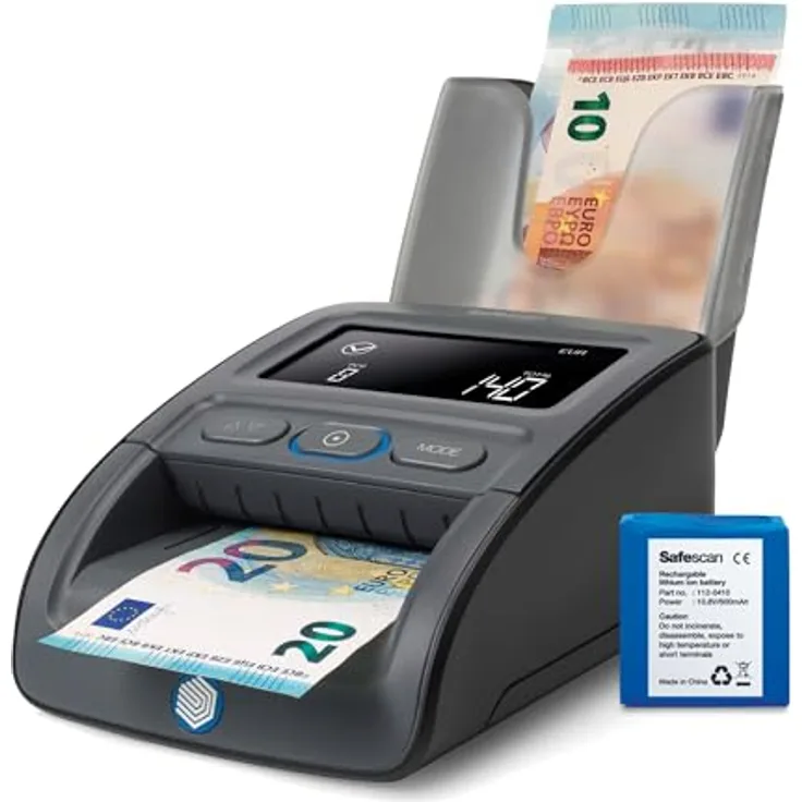 Safescan 155-S Complete, automatischer Geldscheinprüfer mit 7-facher Echtheitsprüfung, inkl. Akku und Banknotenstapler