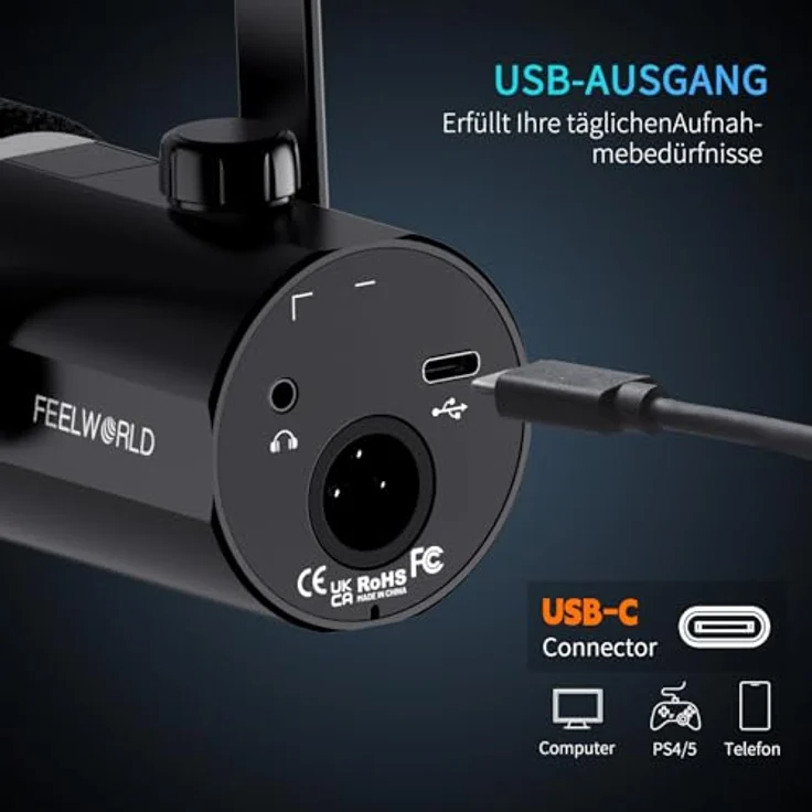 FEELWORLD PM1, Dynamisches Mikrofon für Podcast & Gaming, XLR/USB, RGB-Beleuchtung, Stummschaltung, Nierenpolar-Muster – Bild 4