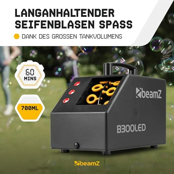 BeamZ B300 LED Seifenblasenmaschine, kabellose Fernbedienung, RGB Lichteffekt mit 3 x 3W LEDs, ABS-Kunststoff – Bild 6