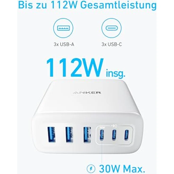 Anker 112W USB C Ladegerät, 6-Port Ladestation mit 112W Leistung für iPhone 17/16/15, MacBook Air und mehr (ohne Ladekabel) – Bild 4