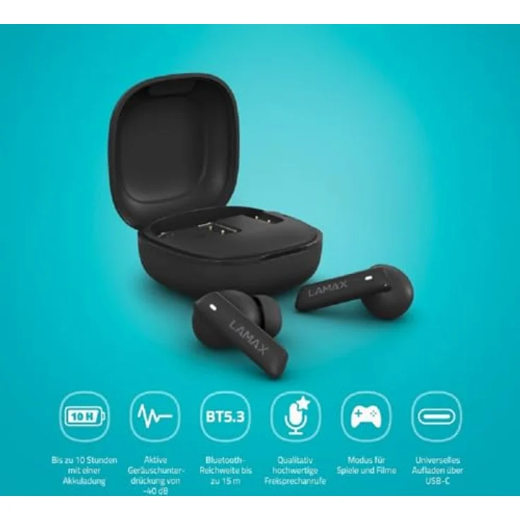 Lamax Clips1 ANC Black, Kabellose Kopfhörer mit Active Noise Cancelling (44 h), Schwarz – Bild 3