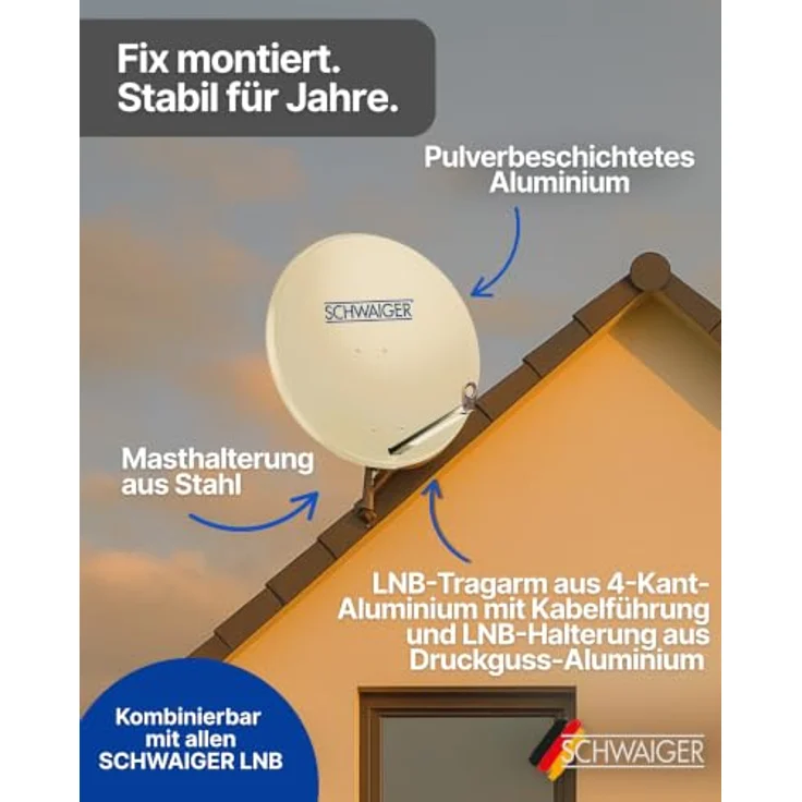 SCHWAIGER Satellitenschüssel Ø 80 cm Aluminium Offset Antenne in hellgrau, wetterfest, Multifeed geeignet, maximale Empfangsleistung 38,5 dB, inkl. LNB Tragarm & Masthalterung – Bild 4