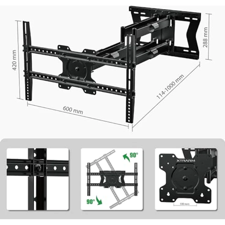 XTRARM TiTon Double 100 cm, TV-Wandhalterung, schwenkbar, neigbar 80kg, VESA max.600x400 Schwarz – Bild 3