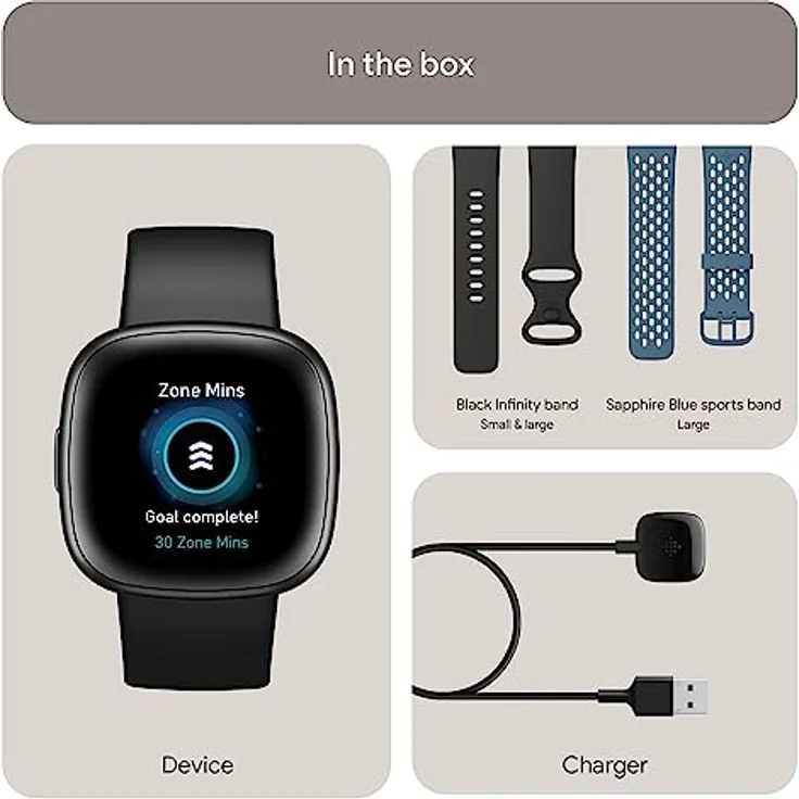 Fitbit Versa 4 Smartwatch GPS, Unisex, 40,5mm, Sportarmband in Blau + Schwarz, Aluminiumgehäuse in Graphit – Bild 2