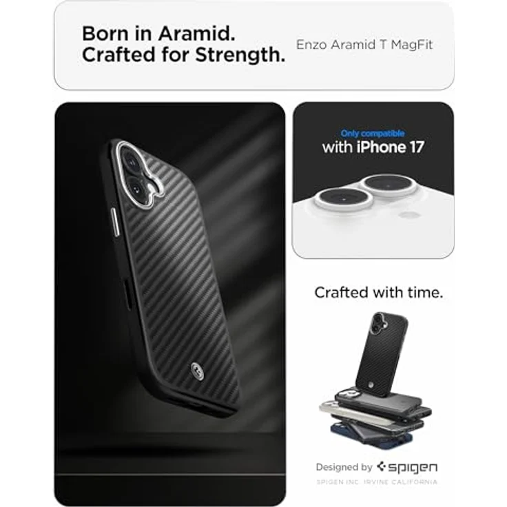 Spigen Enzo Aramid T MagFit Case für iPhone 17, dünn und stoßfest aus 1500D Kevlar, mit 2025 Upgrade Kamerasteuerung - Schwarz/Silber – Bild 2