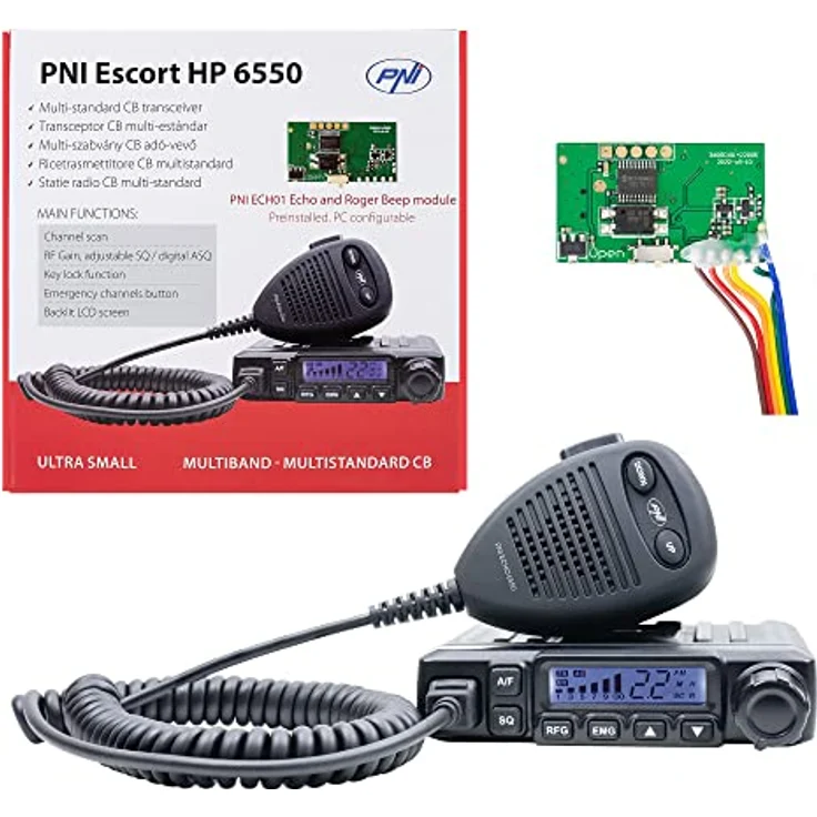 CB PNI Escort HP 6550 Radiosender mit installiertem PNI ECH01, Multistandard, 4 W, AM-FM, 12 V, ASQ, mit Echomodus, editierbarem Roger-Piep und einstellbarem Echo – Bild 1