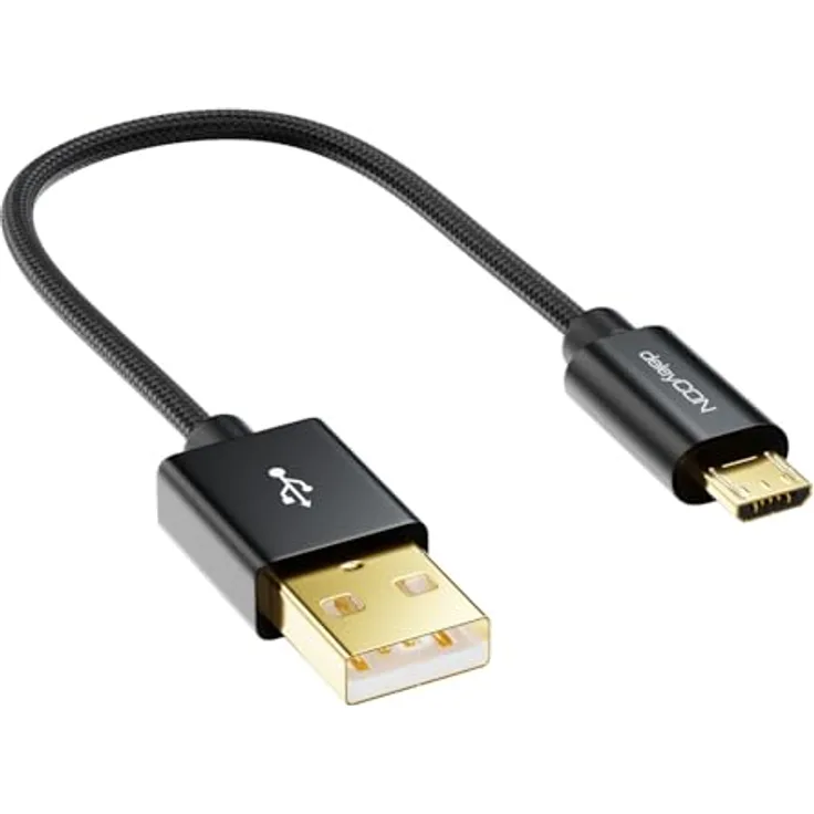 deleyCON 0,15m Micro USB Kabel Nylon, USB 2.0 Datenkabel, Schwarz, 480 Mbit/s Übertragungsrate