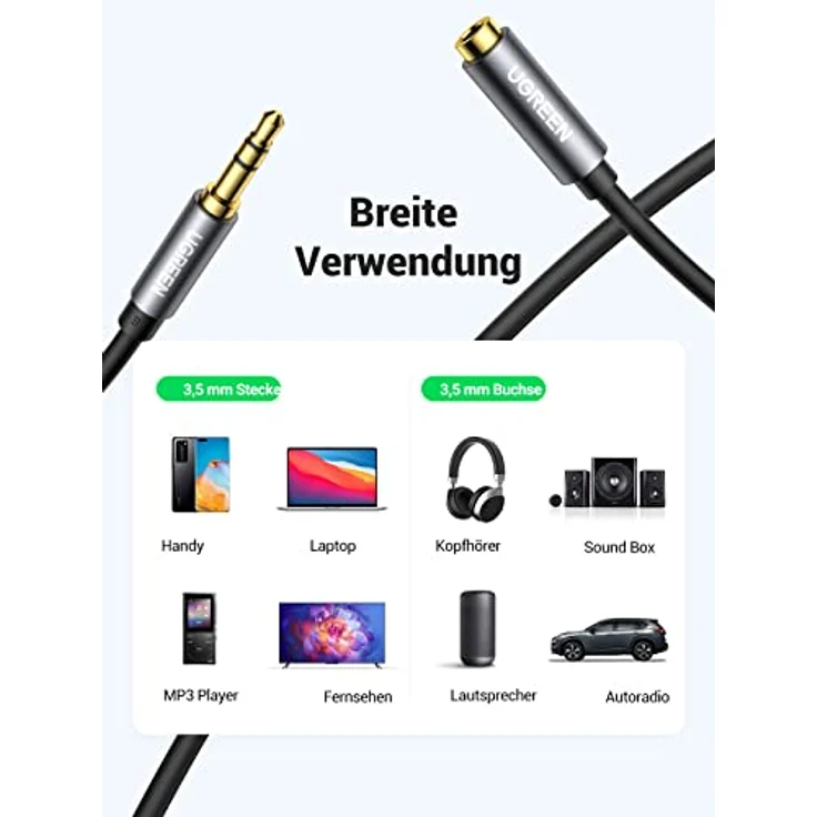 UGREEN Aux Verlängerungskabel 3.5mm, 3m, für Kopfhörer, Headsets, PCs, Handys und Lautsprecher – Bild 4