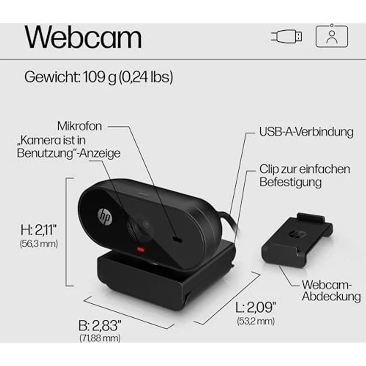HP 320 All-in-One-Webcam (USB-A, 1080p/Full HD Auflösung, 360° schwenkbar, 66°-Weitwinkel, Belichtungskorrektur, Autofokus) Schwarz mit integriertem Mikrofon – Bild 2