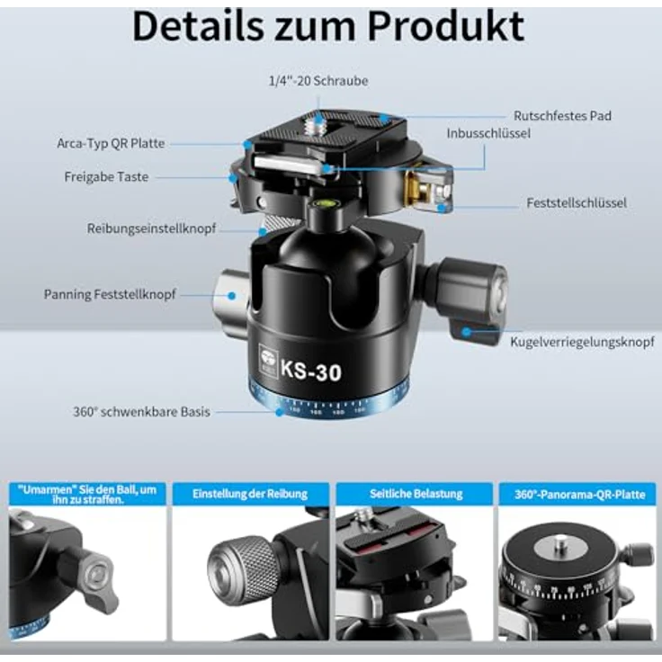 SIRUI KS-30 Flacher Kugelkopf 36mm, 360° Doppel-Panorama Aluminium Stativkopf für Kamera Camcorder, Maximale Belastbarkeit 20 kg – Bild 5