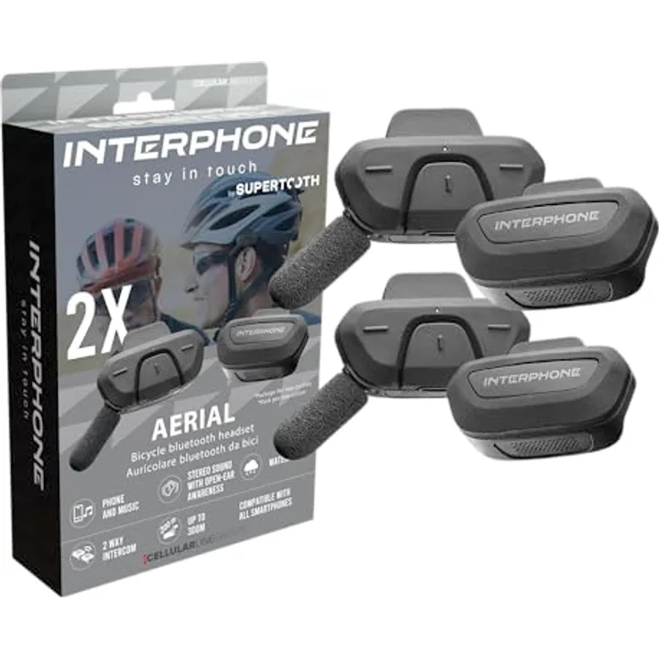Interphone Aerial Dual-Fahrrad-Gegensprechanlage, Bluetooth-Kommunikation für 2 Fahrer bis 300 m, wasserdicht, kompatibel mit GPS und Musik