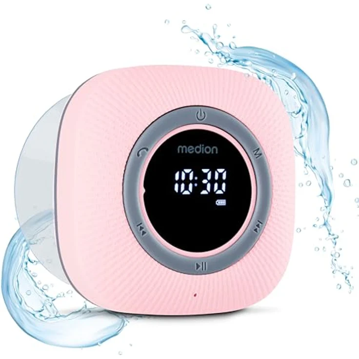 MEDION P66096 Duschradio mit Bluetooth (Badradio, UKW Radio, Saugnapf, LED-Display, IPX6 Wasserdicht, integrierter Akku, MD43884) pink – Bild 1