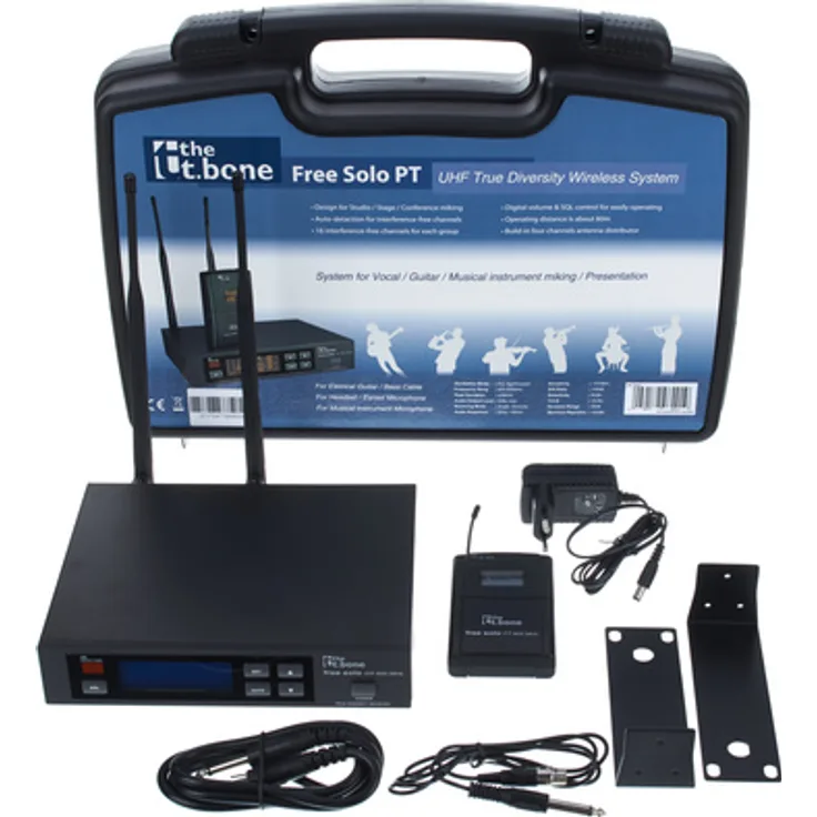 the t.bone free solo PT 600 MHz, UHF Funksystem mit Taschensender, 14 Frequenzgruppen, regelbare Sendeleistung, inkl. Kunststoffkoffer und Rackmount