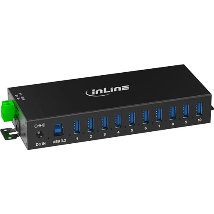 InLine USB 3.2 Gen.1 Industrie-Hub 10 Ports, Aluminiumgehäuse, DIN-Schienen-Montage, aktiver USB-Hub mit Netzteil, 5Gb/s, 35396C – Bild 1