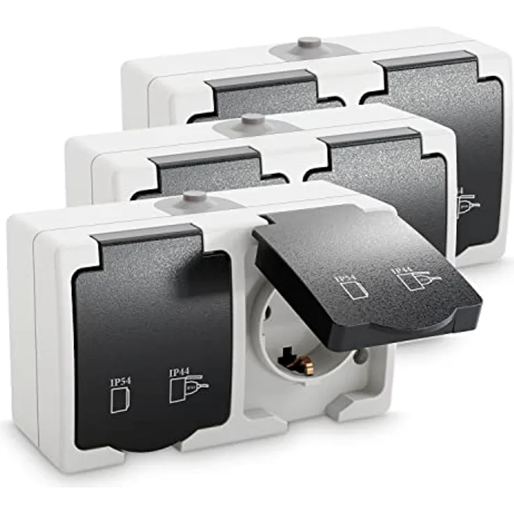 greate 3x Feuchtraum Steckdose Aufputz 2fach - Doppelsteckdose Aufputz mit Klappdeckel IP44, 250V, 16A, 2 polig - Aufputzsteckdose 2fach, Feuchtraumsteckdosen Aufputz, Steckdose Aussenbereich - 3er Pack, grau