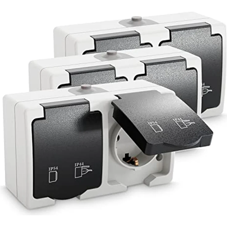 greate 3x Feuchtraum Steckdose Aufputz 2fach - Doppelsteckdose Aufputz mit Klappdeckel IP44, 250V, 16A, 2 polig - Aufputzsteckdose 2fach, Feuchtraumsteckdosen Aufputz, Steckdose Aussenbereich - 3er Pack, grau – Bild 1