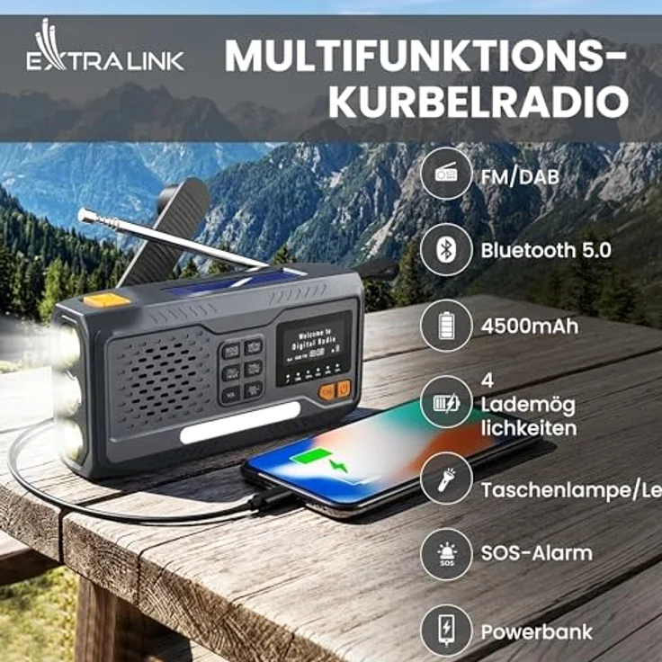 Extralink BT-4000 Notfallradio, Bluetooth Solar mit Kurbel, 4000 mAh Powerbank, FM/DAB, Taschenlampe und SOS-Alarm – Bild 2