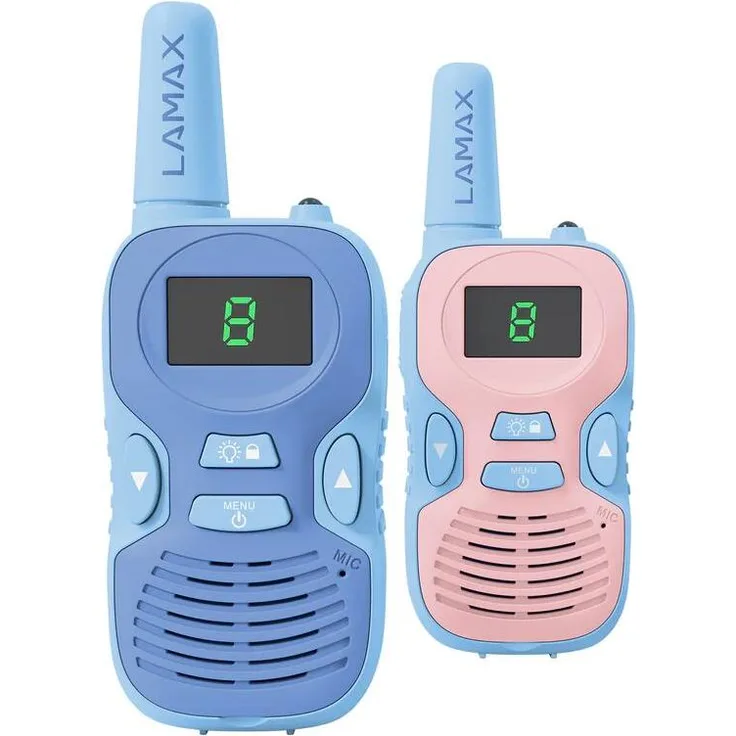 LAMAX TalkieKid1, Kinder-Walkie-Talkies mit 2 km Reichweite, 8 Kanälen, LED-Display und Taschenlampe, blau/rosa
