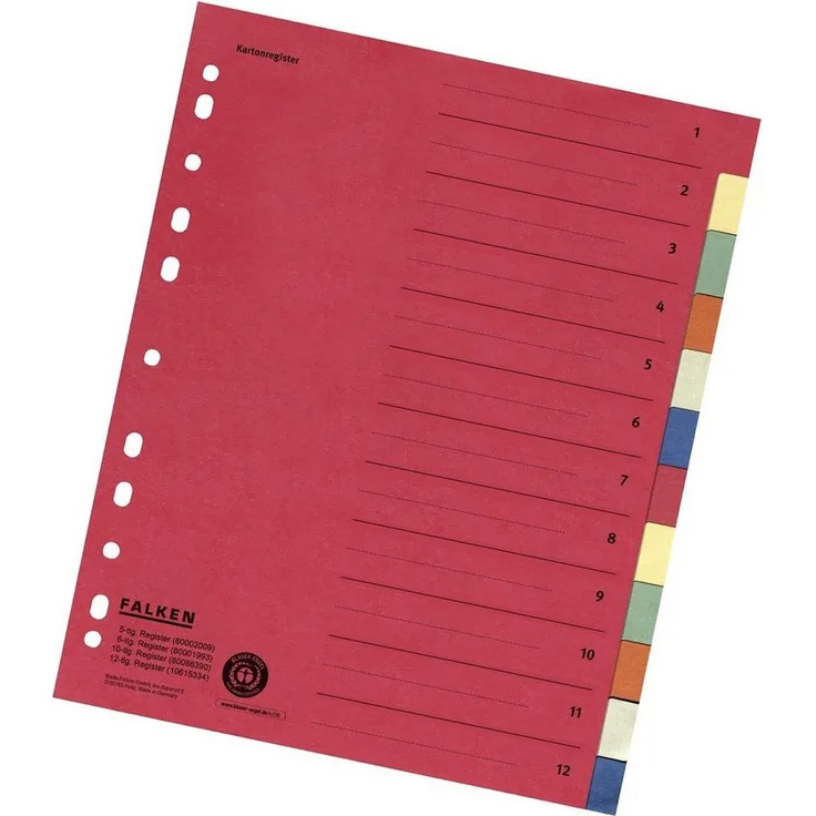 Falken Aktenordner Zahlenregister - 1-12, Karton farbig, A4, 6 Farben, gelocht mit Orgadr, Überbreite, blanko, Manilakarton, mehrfarbig