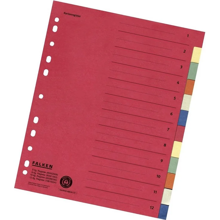 Falken Aktenordner Zahlenregister - 1-12, Karton farbig, A4, 6 Farben, gelocht mit Orgadr, Überbreite, blanko, Manilakarton, mehrfarbig – Bild 1